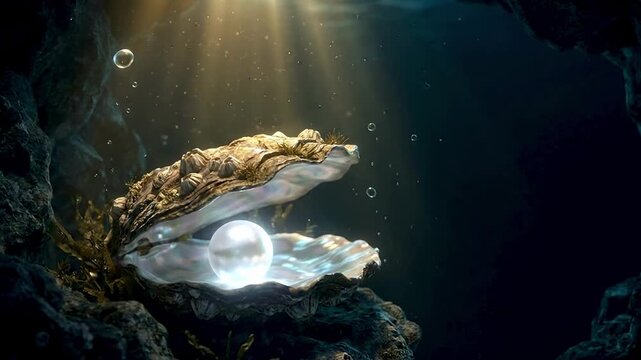 Close-Up Conceptual Sea Treasure and Underwater Wealth with an Open Oyster Shell Enclosing a Shimmering White Pearl