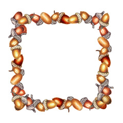 Watercolor frame featuring acorns in warm autumn tones  a hand-painted design with oak nuts. Square template is perfect for invitations, labels, seasonal branding, stationery, packaging, autumn decor © el_suhova