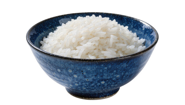 Steamed white rice piled high in a speckled blue ceramic bowl, isolated on transparent background