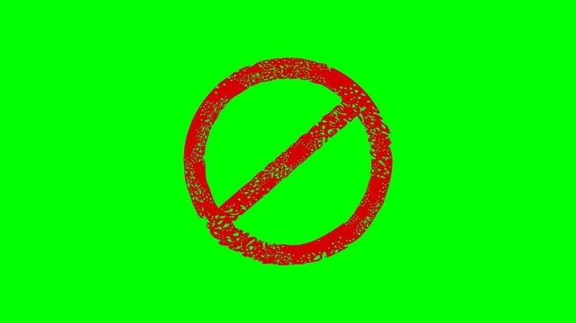 Animated red rubber stamp prohibited sign marking rejection, censorship, and refusal concept. Chroma key green screen with alpha channel.