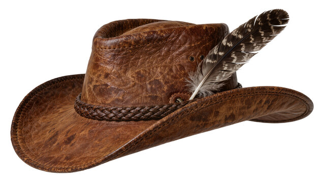 Distressed brown leather cowboy hat with braided band and feather, isolated on transparent background