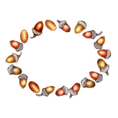 Watercolor frame featuring acorns in warm autumn tones  a hand-painted design with oak nuts. Oval template is perfect for invitations, labels, seasonal branding, stationery, packaging, autumn decor © el_suhova