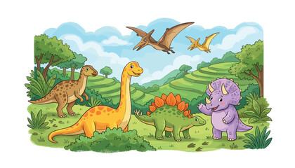 Cute cartoon dinosaurs illustration with a brachiosaurus, triceratops, stegosaurus, pterodactyls flying over green prehistoric landscape hills. © MEHERUL