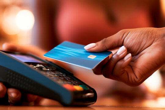 Close-up of customer making contactless payment with blue credit card at POS terminal, modern retail banking transaction concept