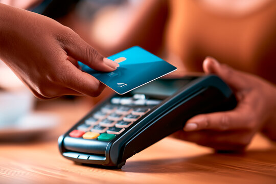 Close-up of customer making contactless payment with blue credit card at POS terminal, modern retail banking transaction concept