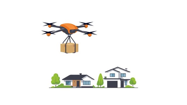 An animated orange and black delivery drone flying through the air while carrying a cardboard package, hovering above residential houses.