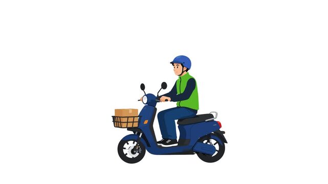 An animated courier wearing a blue helmet and a green vest riding a dark blue scooter across the screen, carrying a cardboard package inside the front basket.