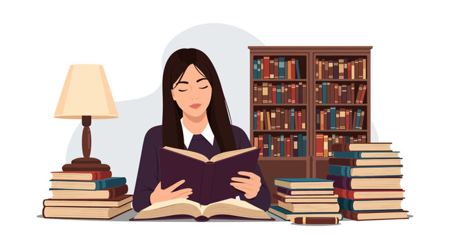 Student girl reading book among stacks in library vector