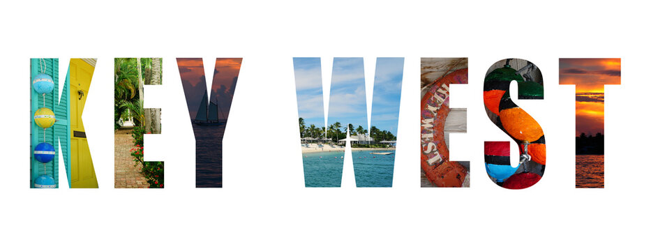 Collage of images from Key West Florida in letters isolated on white background