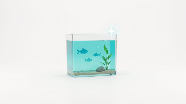Small decorative fish tank with colorful fish swimming around green aquatic plant and pebbles