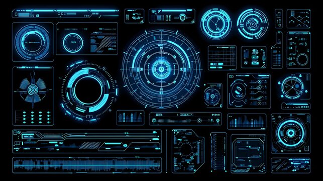 青く発光する近未来的なHUDインターフェース素材集、SF風のUIパーツとダッシュボード