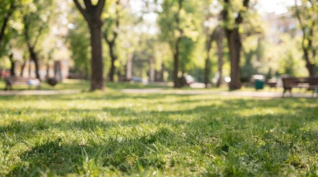 Low angle view of a lush green park with grass in the foreground and blurred trees and benches in the background on a sunny day world kindness day