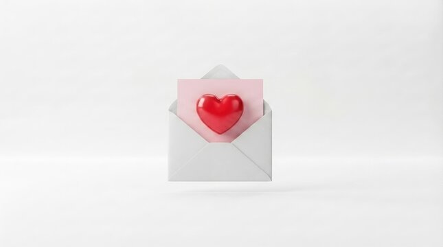 A red heart symbol placed on a pink card inside a white envelope isolated on white background world kindness day
