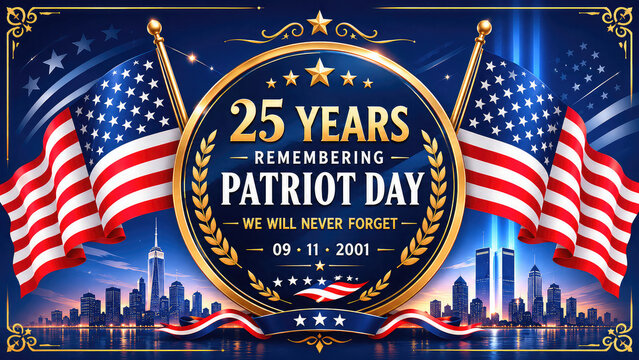 Patriot Day 25th Anniversary Commemorative Emblem with Bald Eagle, American Flag, NYC Skyline and Patriotic 250th Anniversary Design