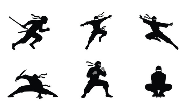 Set of ninja warrior action poses including sword fighting, jumping, crouching, and combat movements. Black vector illustration isolated on a transparent background for martial arts, gaming,