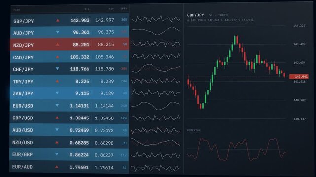 Forex trading terminal with currency pair bid and ask prices, sparkline charts, and a candlestick chart with momentum indicator