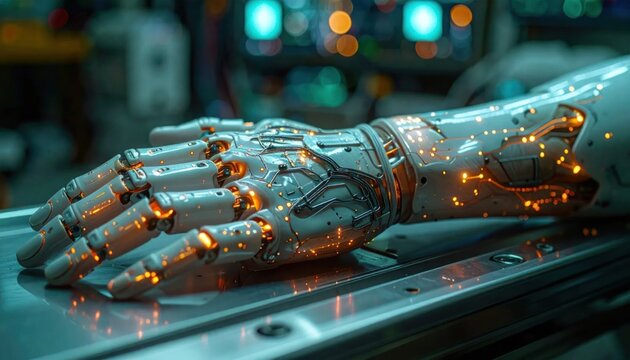Robotic arm with glowing orange circuits.