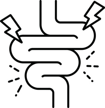Intestinal pain outline icon depicting human digestive tract intestines with flash bolts and discomfort sparks