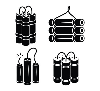 Dynamite Vector Icons, Four Explosive Sticks for Construction Demolition Mining and Industrial Blasting Concepts