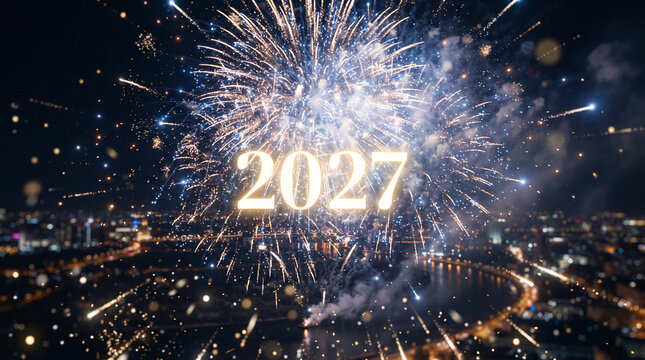 Espectacular celebraci&oacute;n de A&ntilde;o Nuevo 2027 con n&uacute;meros tridimensionales brillantes y fuegos artificiales hiperrealistas iluminando el cielo nocturno.