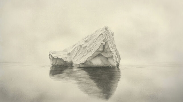A monochromatic artwork captures a majestic, detailed iceberg with its clear reflection in tranquil waters, under a soft, cloudy sky