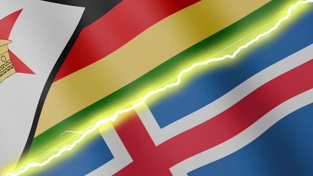 Two waving flags Zimbabwe and Iceland with diagonal lightning seamless, 4k loop