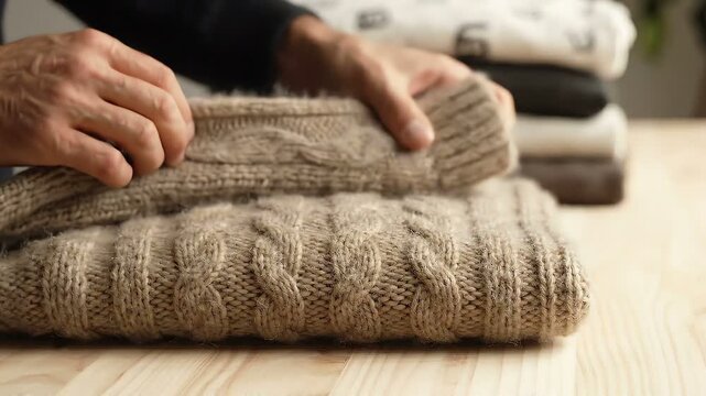 Hands folding a cozy knitted woolen sweater on a wooden table, organizing winter clothes for storage