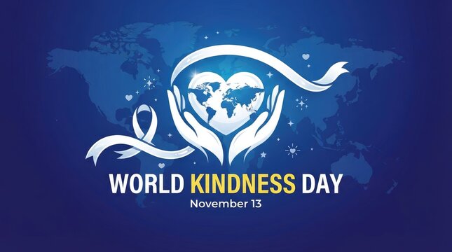 World kindness day banner with a heartshaped globe held in hands and a ribbon, set against a dark blue world map background, celebrating global compassion and unity world kindness day