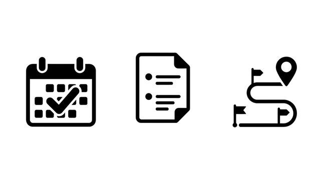 Set of three simple black icons representing a calendar with a check mark a document with a list and a navigation route map path