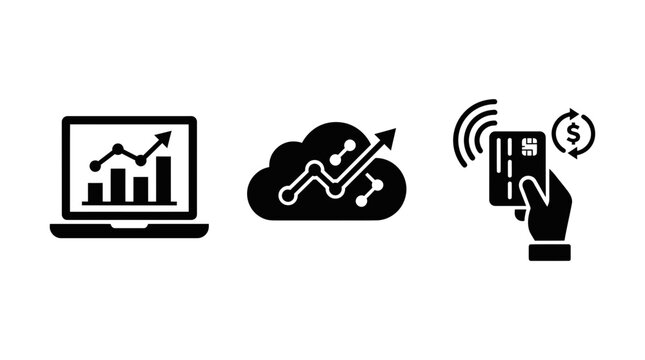 Set of black business icons featuring a laptop with growth charts cloud computing analytics and a hand holding a contactless credit card payment system