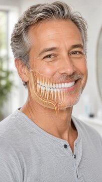 Man smiling with digital dental scan overlay showing teeth and jaw anatomy. Dental health technology and medical visualization concept. Modern dentistry and oral care diagnostic.