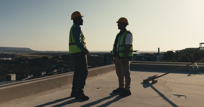Team, men or high five on rooftop for construction progress, structural milestone or job well done. Site foreman, mason or celebration for subfloor completion, topping out or building concrete finish