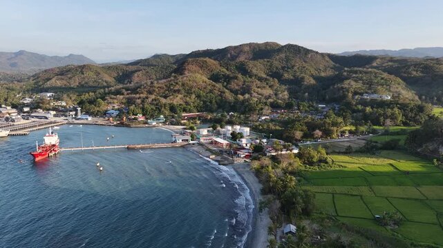 Aerial View of Oil Terminal and Fuel Tanker at Coastal Bay
