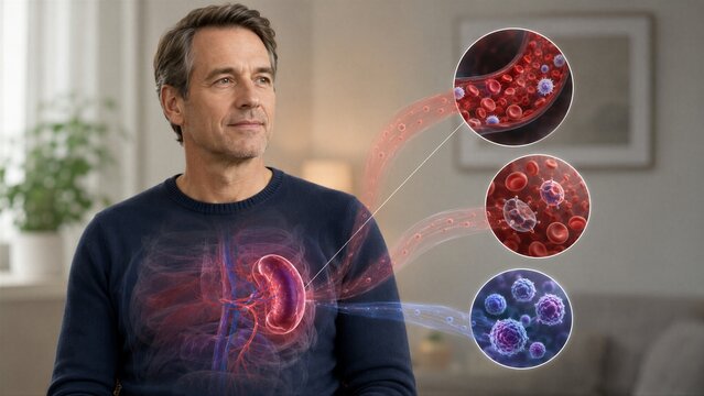 Mature man with highlighted spleen and immune system visualization. Circular insets showing red blood cells, macrophages and lymphocytes. Anatomy, immunology, healthcare concept.