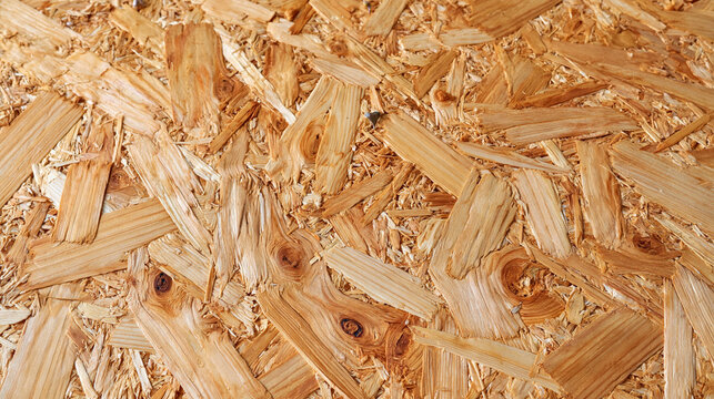 Extreme close up of OSB chipboard texture against a layered background of oriented strand board panels, irregular wood strands and pressed fibers clearly visible, natural beige and honey brown tones