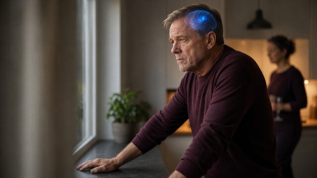 Senior man with glowing digital brain hologram looking through window at home. Alzheimer disease and dementia awareness