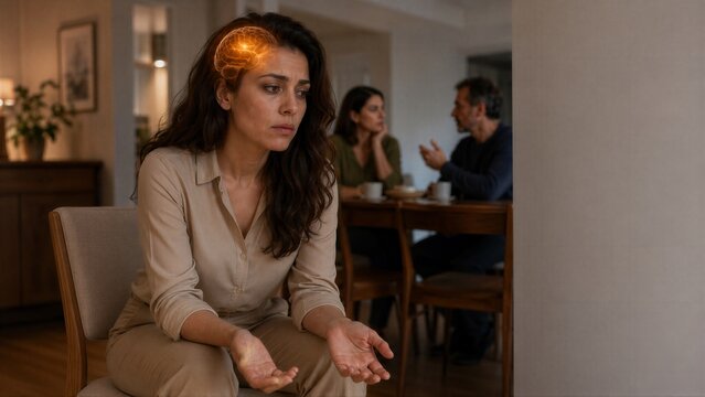 Sad woman with glowing brain visualization suffering from family conflict. Couple arguing at dinner table in background
