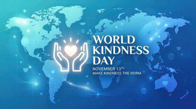 World kindness day banner with a glowing heart held by hands over a blue world map background, emphasizing the global message of making kindness the norm on november 13th world kindness day