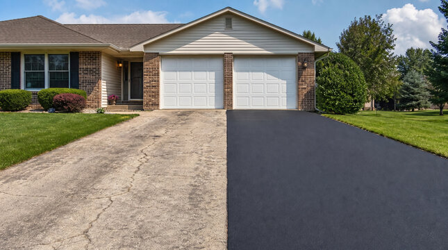 Side By Side Comparison Of Old Cracked Driveway And Freshly Applied Black Asphalt Sealcoat, Highlighting Residential Property Maintenance Services