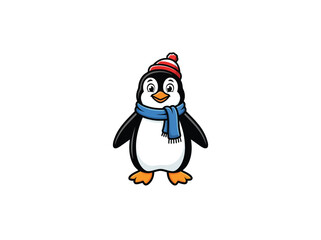 Fototapeta premium Cute Penguin Mascot Wearing Winter Hat And Scarf Vector Illustration