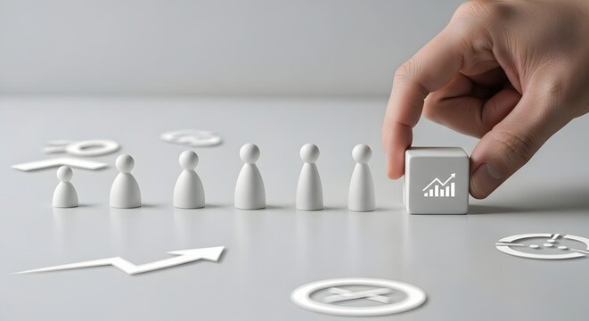 A strategic hand places a growth-chart cube among a line of pawn figures, symbolizing effective leadership, team collaboration, and a clear path toward business success and progressive development