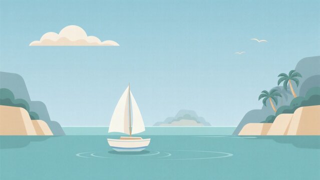 A sailboat glides across calm turquoise water with tropical islands and palm trees in the background with sailboat travels tranquil