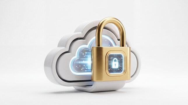 3D render of a glowing digital lock securing a white cloud server icon isolated on a clean white background for cyber security data protection and cloud computing technology concept
