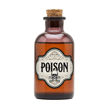 Vintage amber glass apothecary bottle with a poison label featuring a skull and crossbones symbol isolated on a transparent background