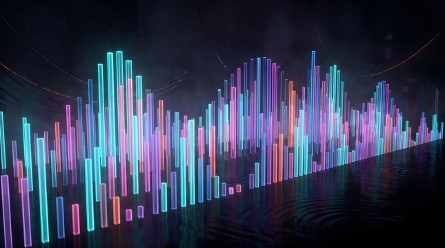 Abstract 3D equalizer audio wave visualization with vibrant neon glowing bars on a dark reflective surface
