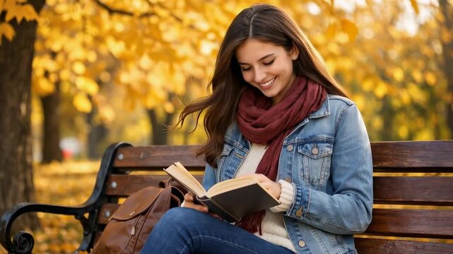 Young woman reading a book on a park bench amid golden autumn leaves, smiling as she turns pages in warm sunlight