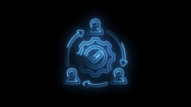 Neon blue glowing icon representing team collaboration workflow efficiency and successful project