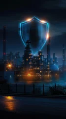 Night view of large industrial refinery with luminous holographic shield of glowing points and lines hovering over towers, pipes, storage tanks, and calm water reflections © neirfy