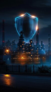Night view of large industrial refinery with luminous holographic shield of glowing points and lines hovering over towers, pipes, storage tanks, and calm water reflections