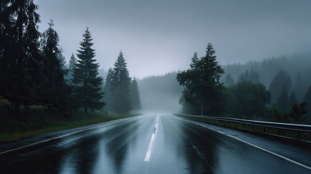 Empty wet two-lane road vanishing into morning mist through dense evergreen forest with reflective surface, guardrails, cool overcast light, deep perspective, quiet rural scenery